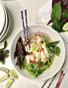 Pho gà ready to serve with toppings
