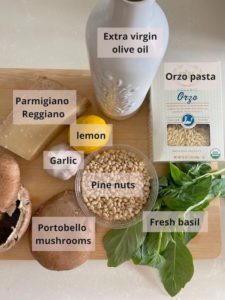 Picture showing ingredients' list: Lemon, Parmigiano Reggiano, Orzo pasta, Fresh basil, Extra virgin orlive oil, garlic, portobello mushrooms, pine nuts