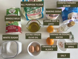 Ingredients needed to make orange blossom olive oil cake