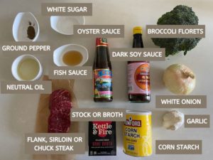 Ingredients needed to make beef and broccoli stir-fry: steak, broth, corn starch, whitenonion, dark soy sauce, broccoli florets, oyster sauce, white sugar, fish sauce, neutral oil and ground pepper