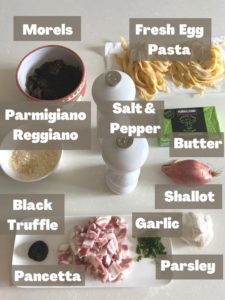 Ingredients needed to make this dish: Parmigiano Reggiano, Black truffle, Morels, Pancetta, Parsley, Garlic, Shallot, Butter, Fresh egg pasta, Slat and Pepper