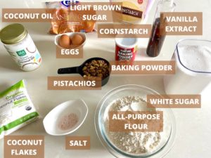 Ingredients needed to make coconut pistachio blondies