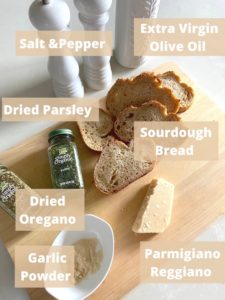 Ingredients needed to make Homemade Italian Sourdough Croutons.