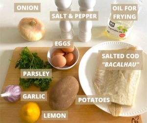 Ingredients needed to make Pasteis de bacalhau