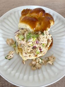Open faced-Challah bread with Tuna Salad with dill on top
