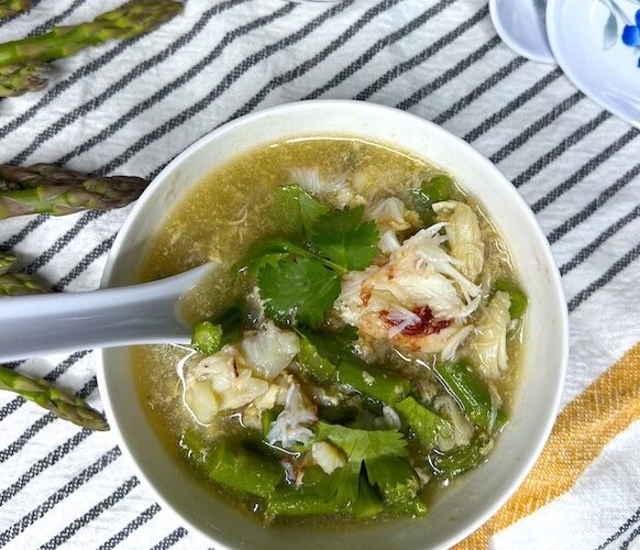 Close up of a bowl of Vietnamese Crab and asparagus Soup